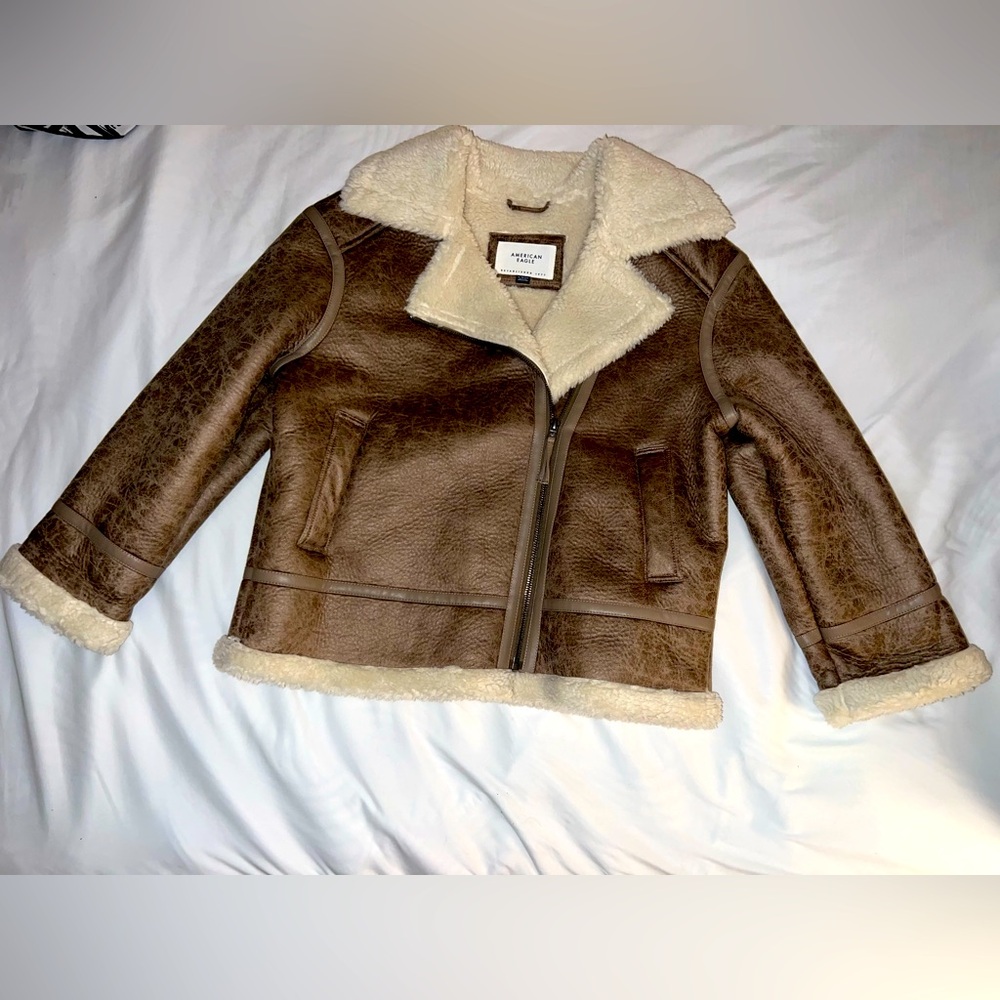 American Eagle AE Brown Tan Shearling Biker Moto Jacket Size Extra Large XL